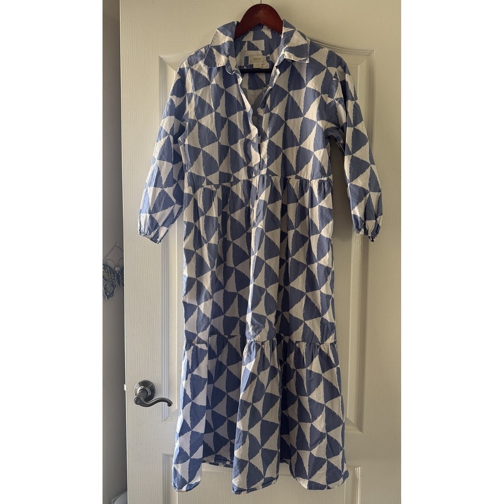 Maeve Anthropologie The Bettina Tiered Shirt Dress Blue White Geometric - Picture 5 of 9